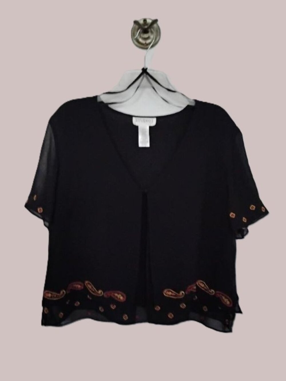 Studio I - Black Semi-Sheer Blouse with Paisley Embroidery